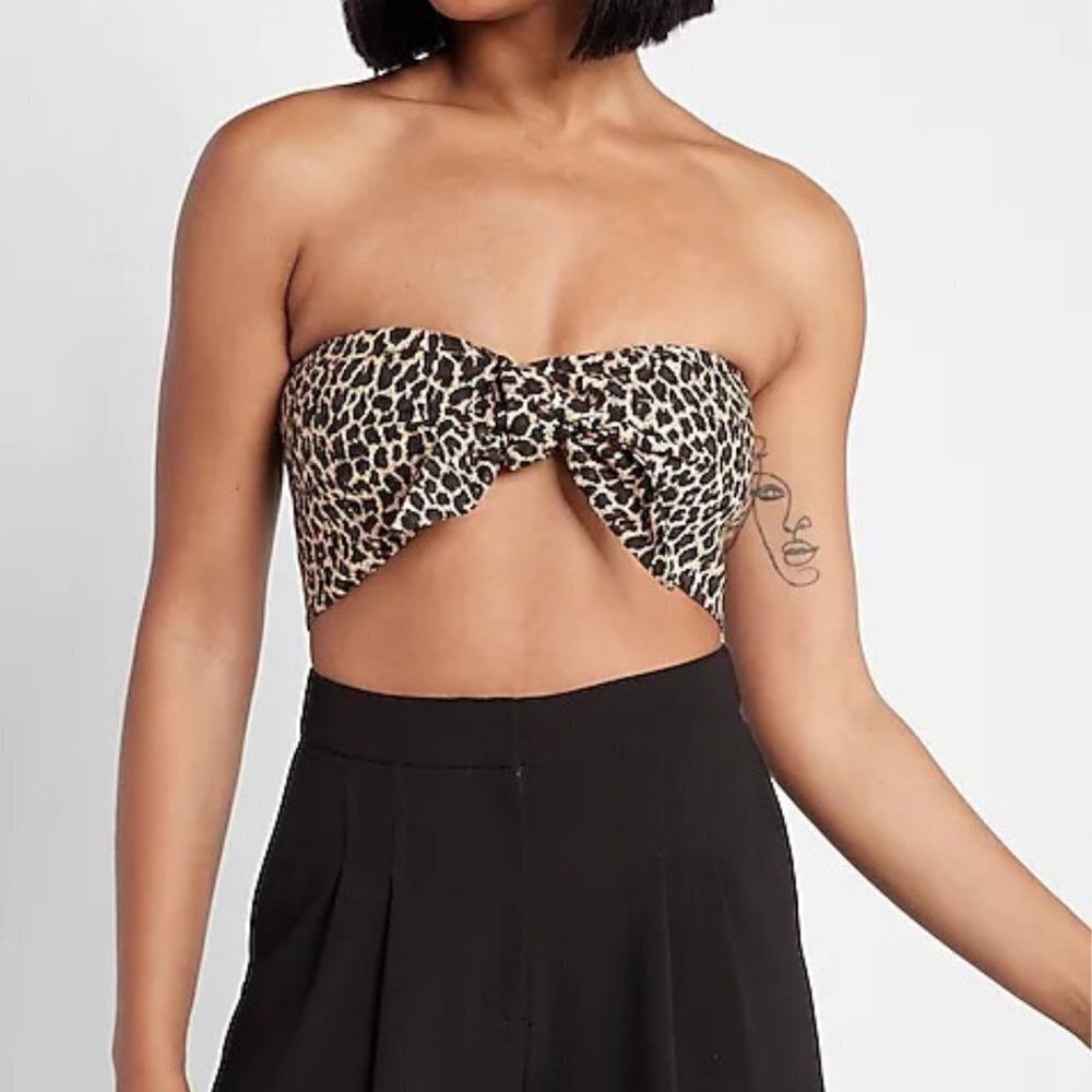 Express Women's Leopard Print Linen-Blend Tie Front Bandeau Top